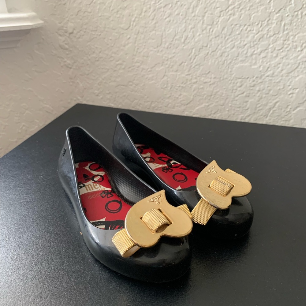 Melissa Black Flats with Gold Heart Accent